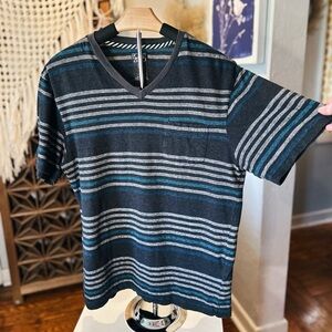 Point Zero Grey & Blue Striped V-Neck T-Shirt